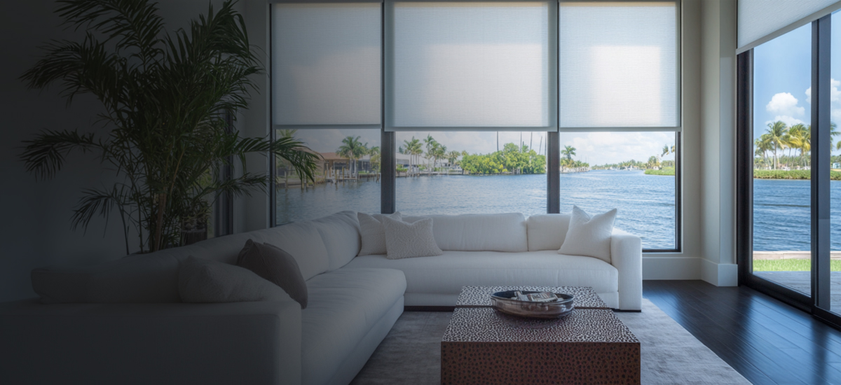 Modern living room featuring custom motorized interior roller shades