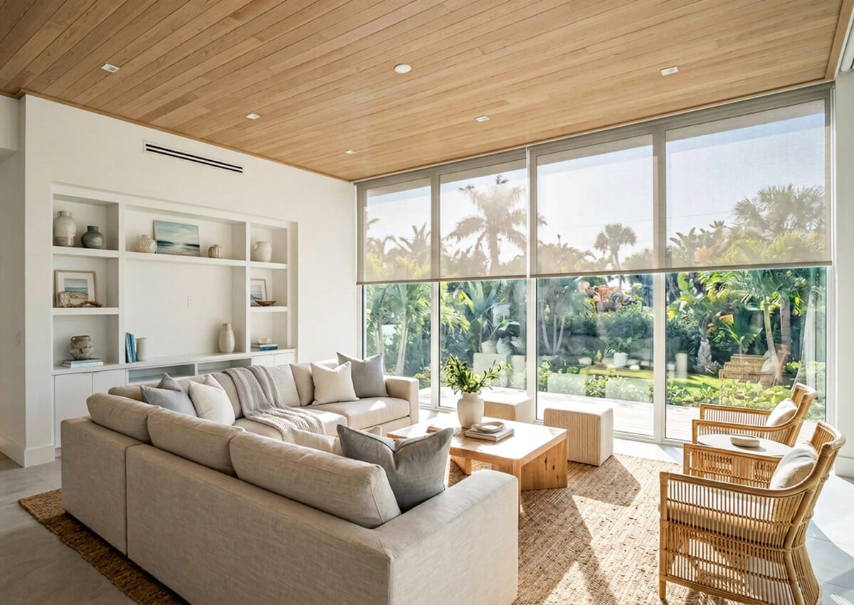 Same Florida living room after roller shade installation