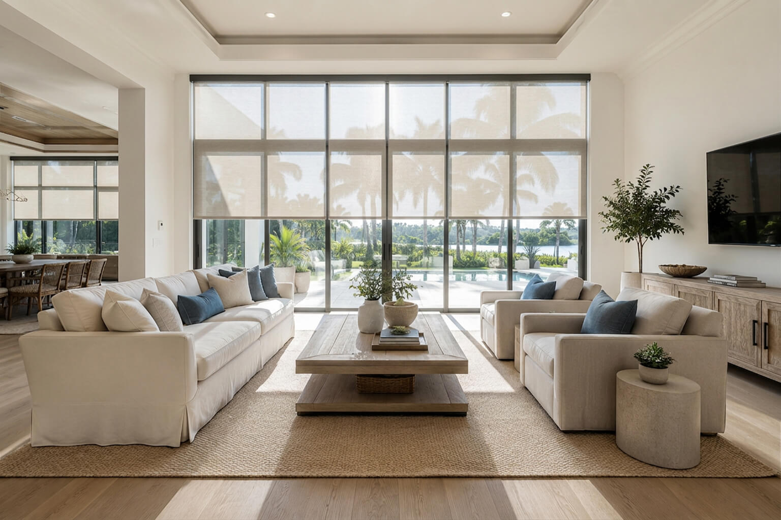 Living room with custom roller shades installed