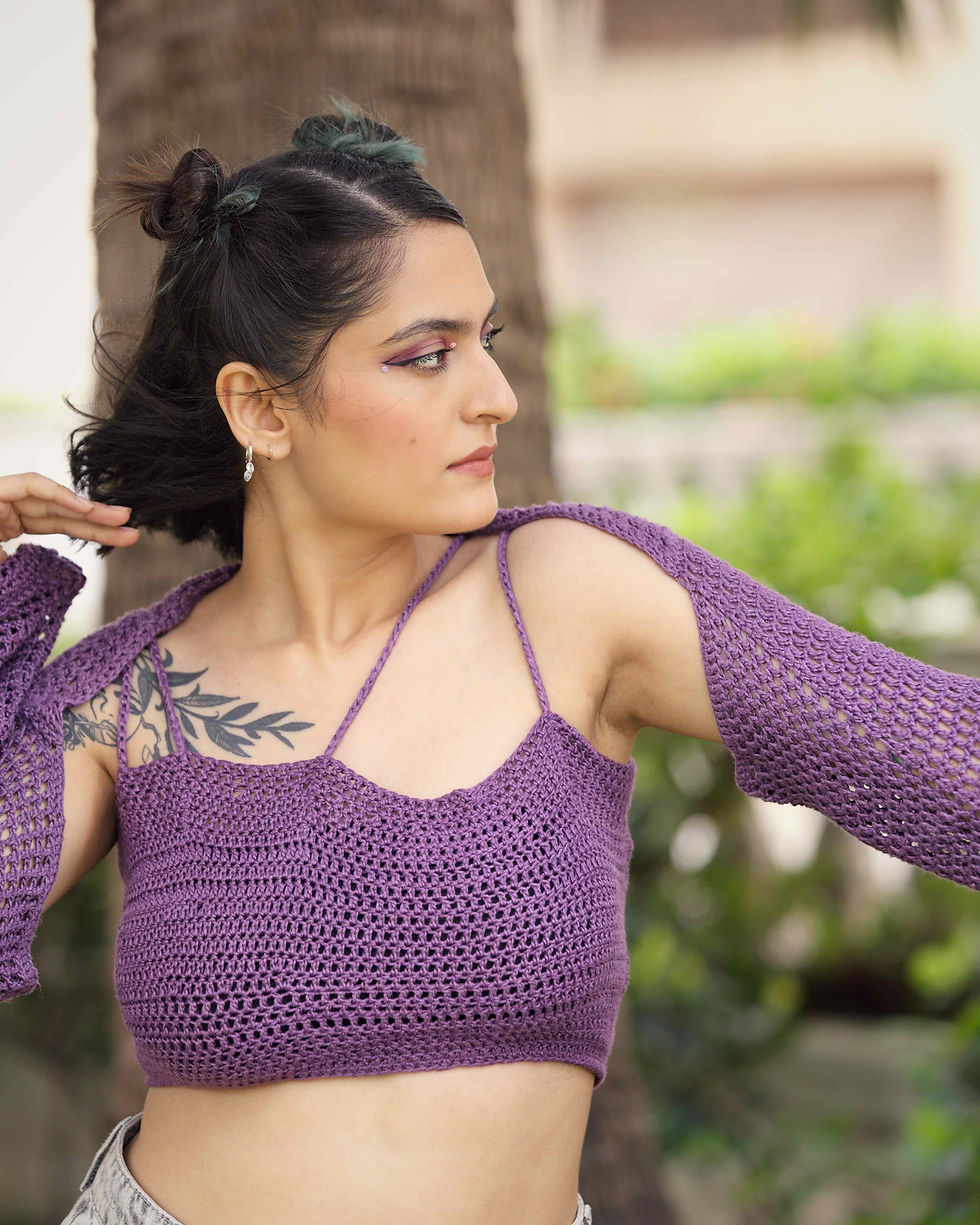 Thumbnail: Purple yam jam crochet top with arm jacket