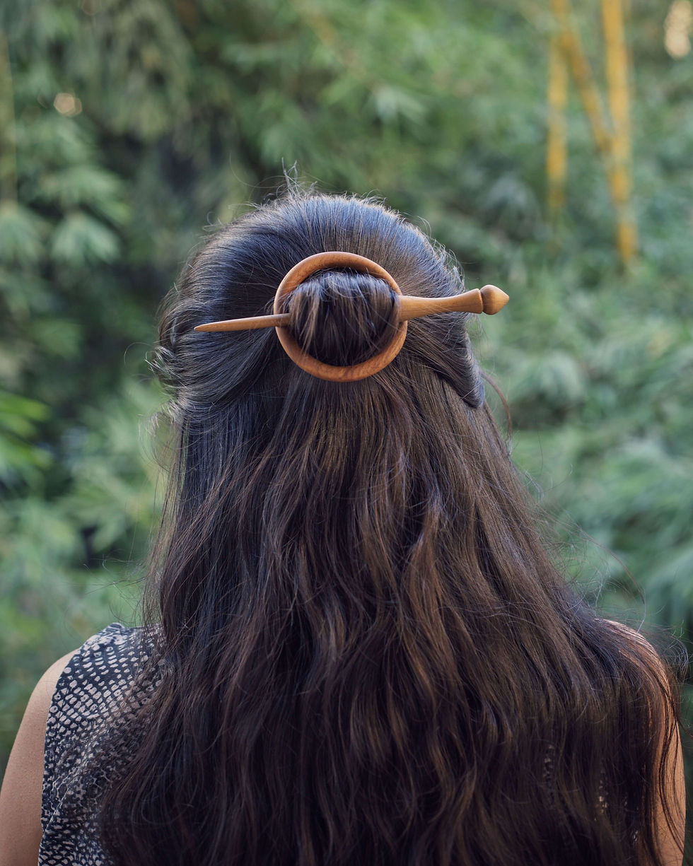 Magic wand hand-carved teak wood hair clip