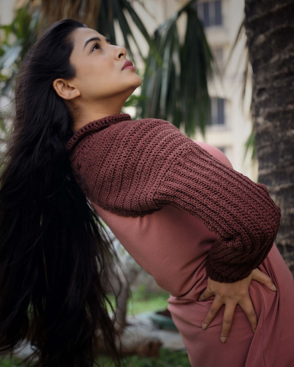 Thumbnail: Dark truffle pure wool crocheted arm warmer
