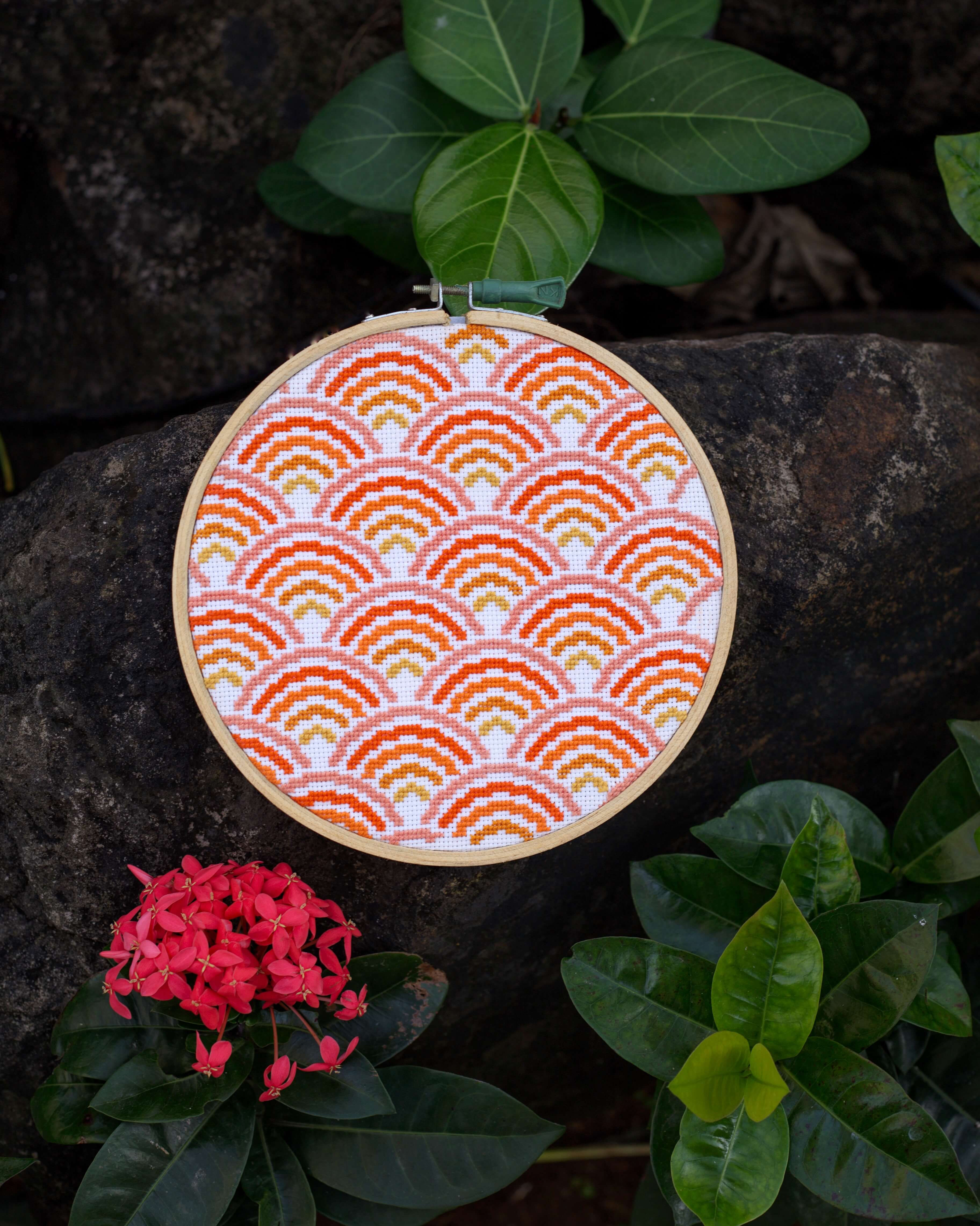 Pastel rainbow cross-stitch hoop