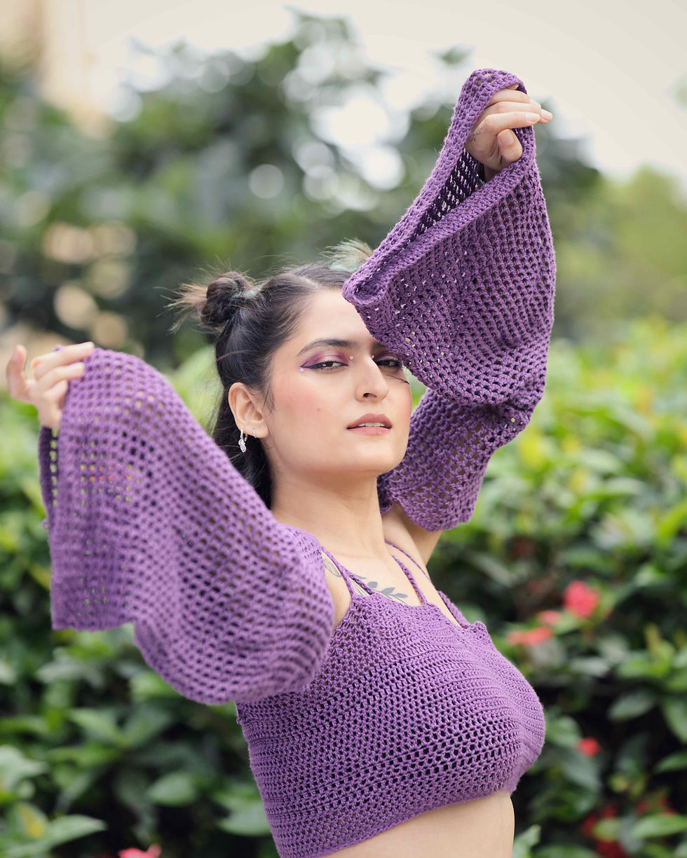 Thumbnail: Purple yam jam crochet top with arm jacket