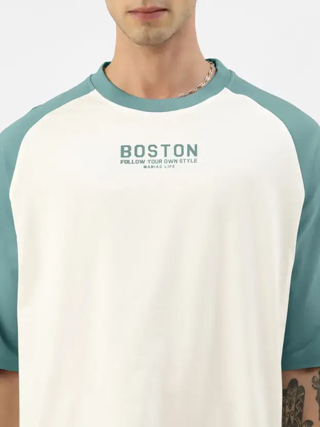 Thumbnail: Oversized Men Colorblock Round Neck Pure Cotton White, Blue T-Shirt
