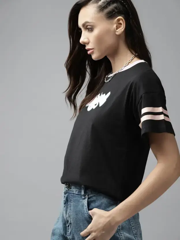 Thumbnail: Women Printed Round Neck Pure Cotton Black T-Shirt
