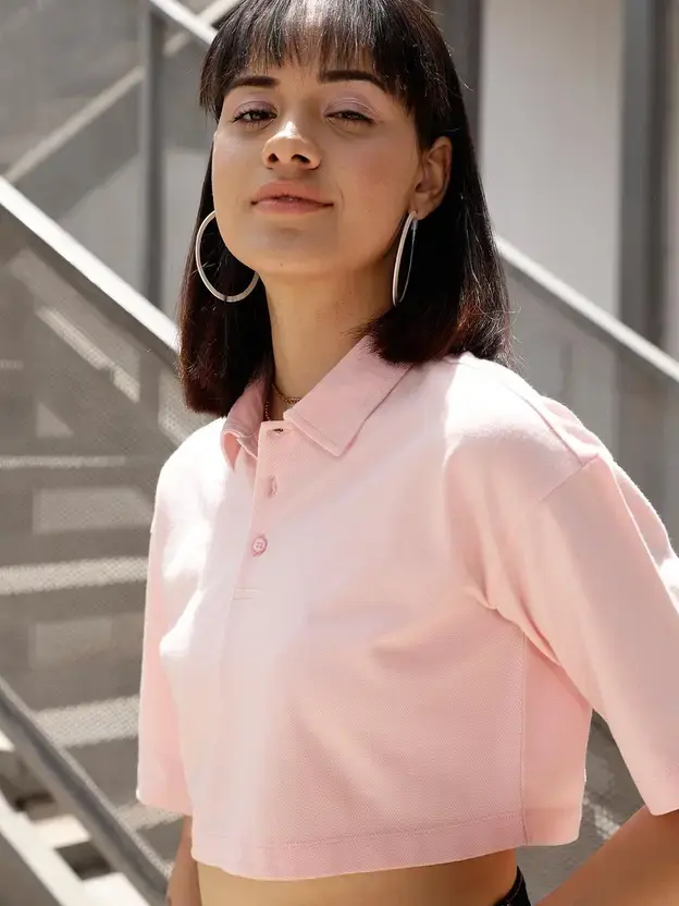 Thumbnail: Women Solid V Neck Cotton Blend Pink T-Shirt