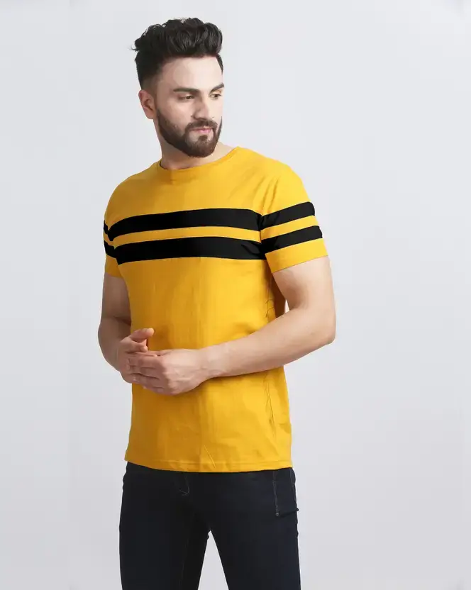 Thumbnail: Men Striped Round Neck Cotton Blend Black, Yellow T-Shirt