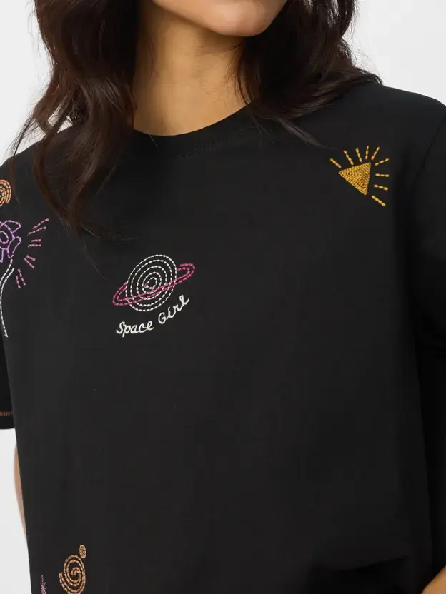 Thumbnail: Women Embroidered Round Neck Pure Cotton Black T-Shirt