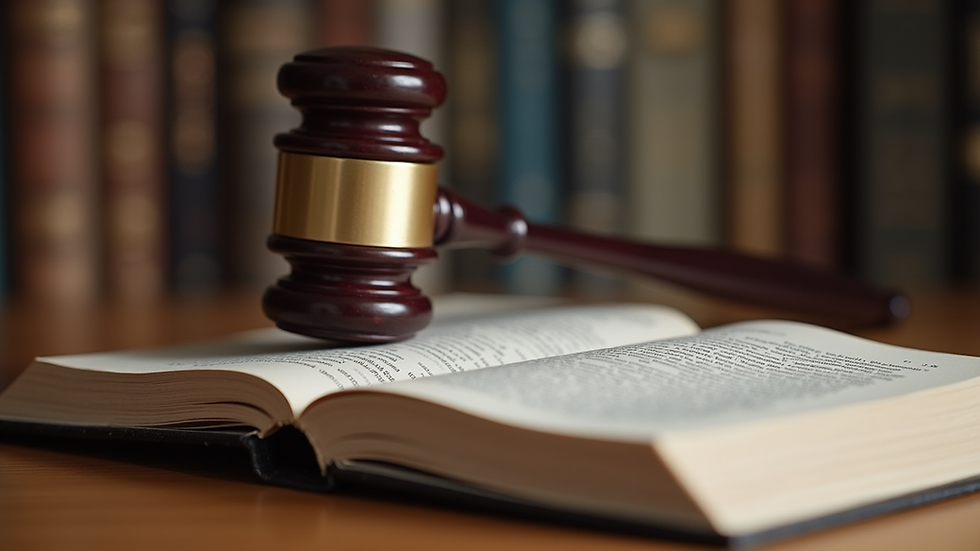 Close-up view of a legal book with a gavel on top