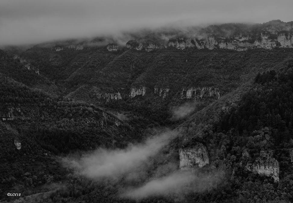 Brumes dans les gorges de la Dourbie près de Millau, paysage en noir et blanc photographié depuis le panorama côté La Cavalerie – LCV12