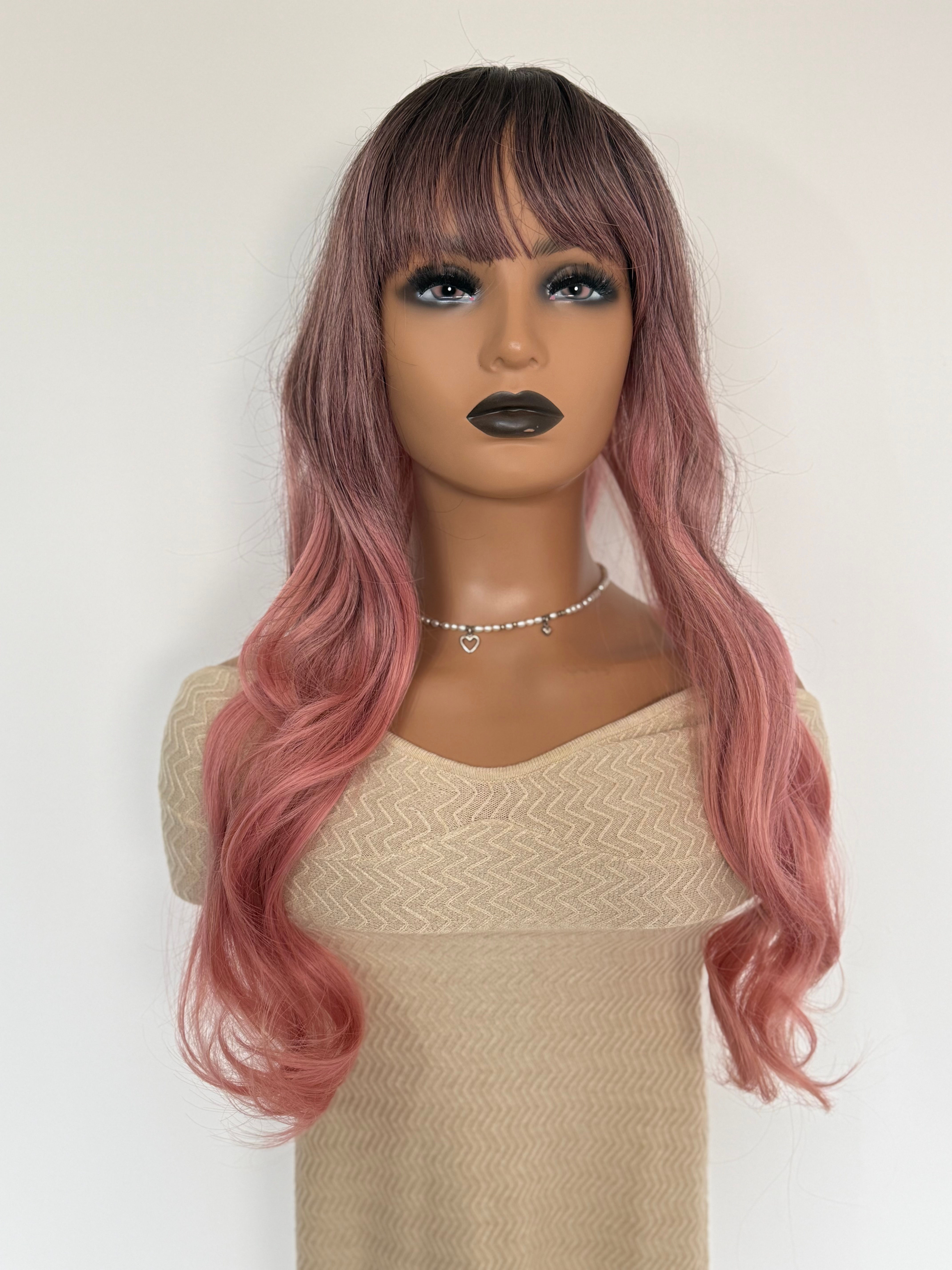 Long Pink Ombre Wig With Loose Wave Curls And Fringe