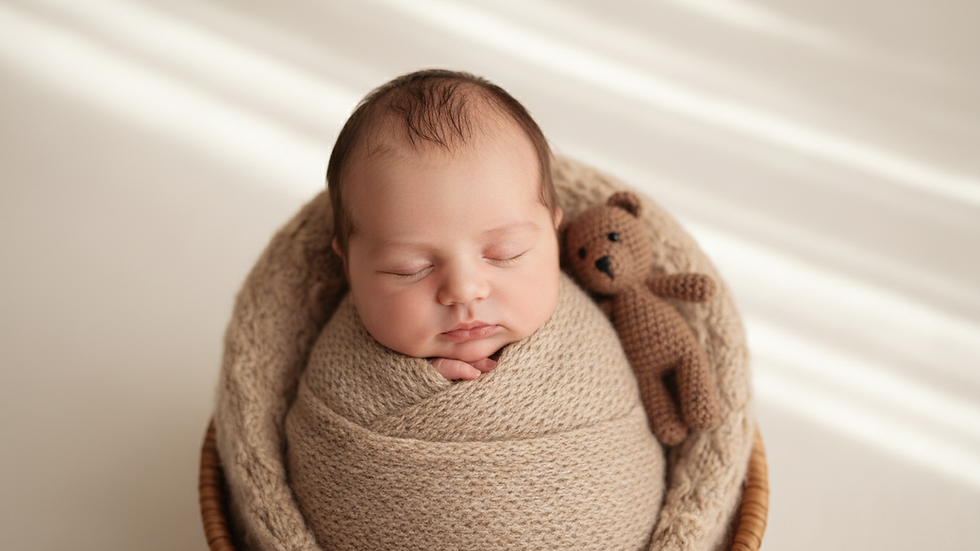 Close-up view of a newborn baby wrapped in a soft blanket during a photo session
