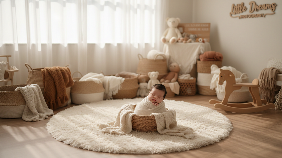 Eye-level view of a cozy photography studio with soft lighting and baby props