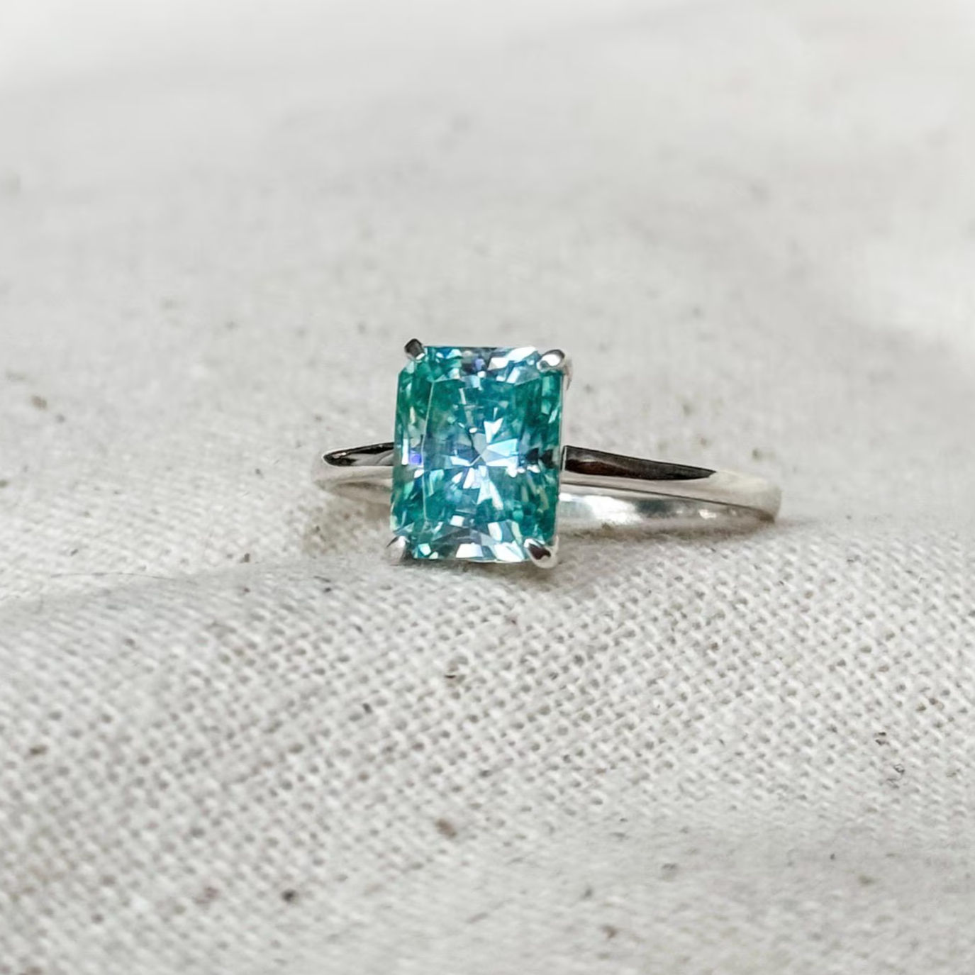 Teal Green Moissanite Ring, Radiant Cut Solitaire Ring in Sterling Silver