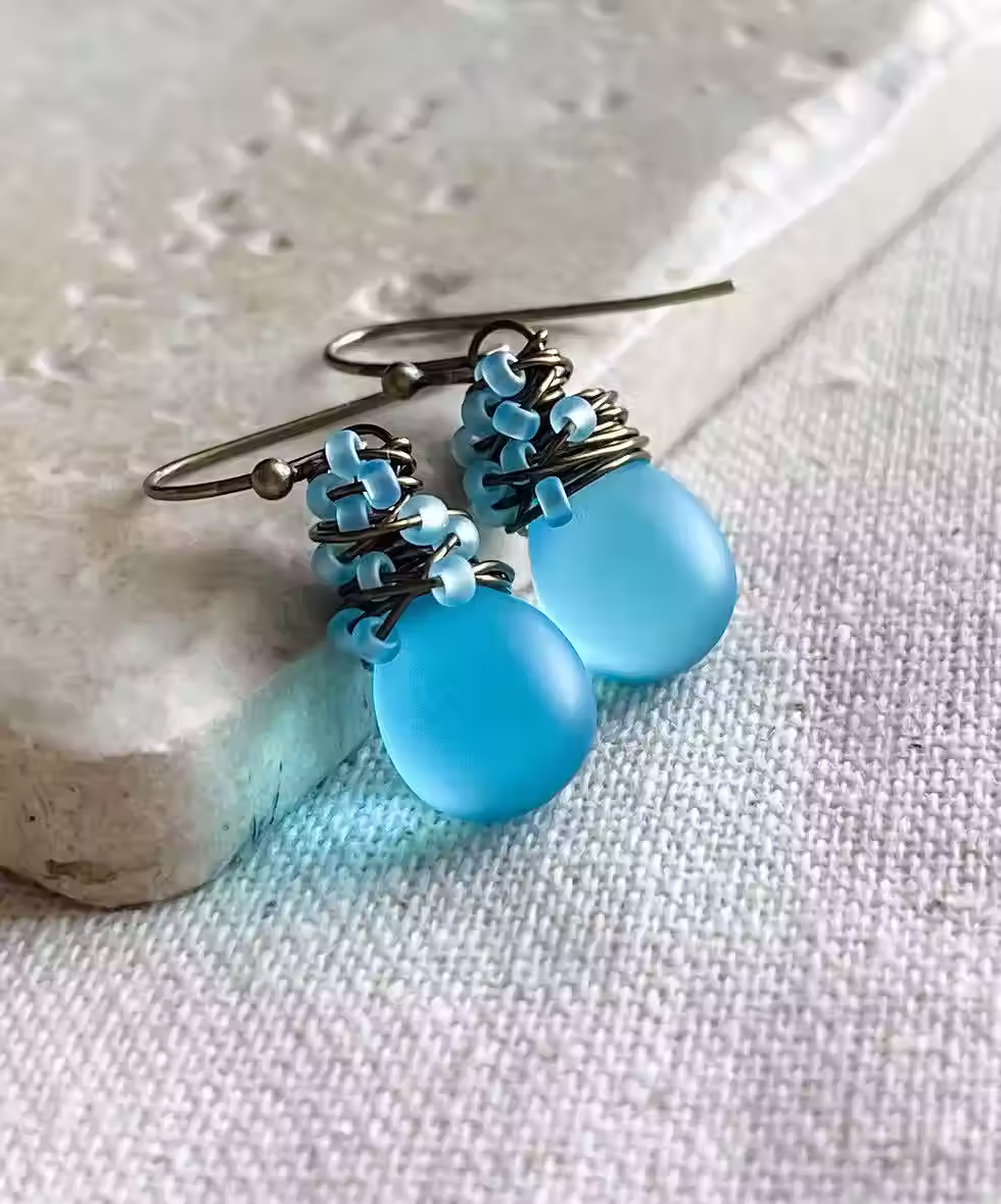 Thumbnail: Baby Blue Czech Glass Earrings, Wire Wrapped Antiqued Brass Sea Glass Dangles