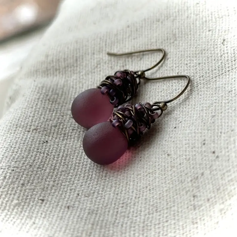Thumbnail: Sugar Plum Sea Glass Earrings, Antiqued Brass Wrapped Dangle Earrings