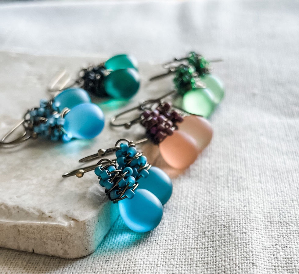 Thumbnail: Lavender Purple Czech Glass Earrings, Violet Sea Glass in Antiqued Brass