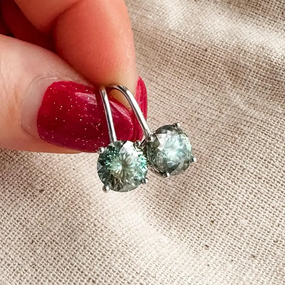Thumbnail: Teal Green Moissanite Solitaire Drop Earrings, 4ct Portuguese Cut Moissanite