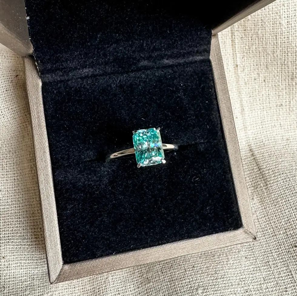 Thumbnail: Teal Green Moissanite Ring, Radiant Cut Solitaire Ring in Sterling Silver
