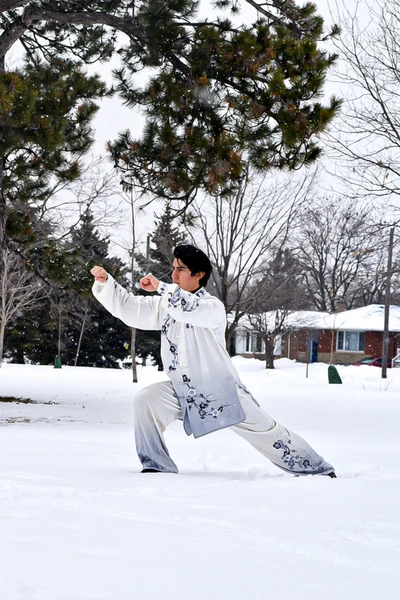  a man doing taichi in the snow, two fist, standing, all white uniform 

