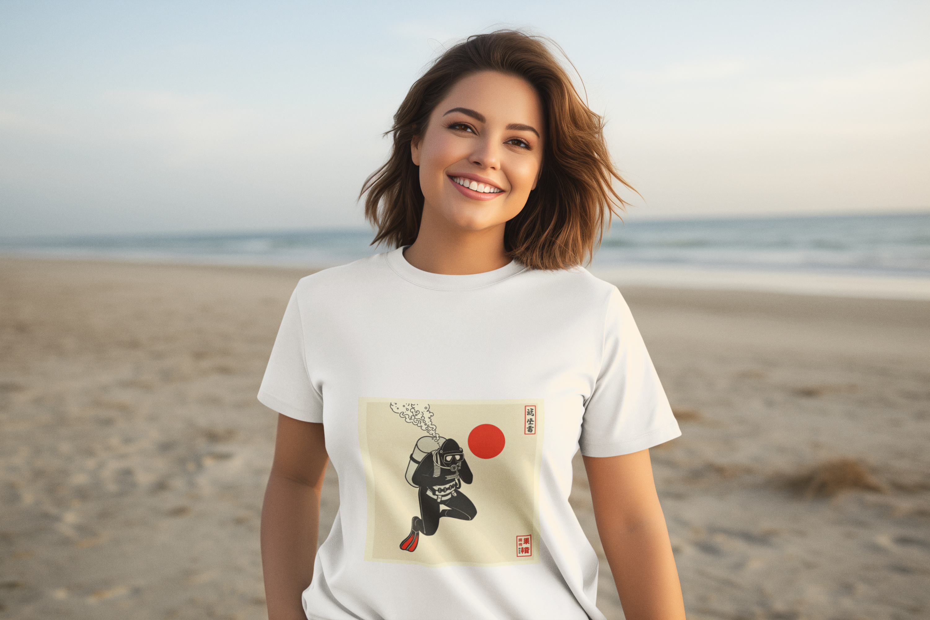 earth-day-themed-mockup-of-an-ai-generated-cheerful-woman-with-a-tee-posing-in-a-beach-m38