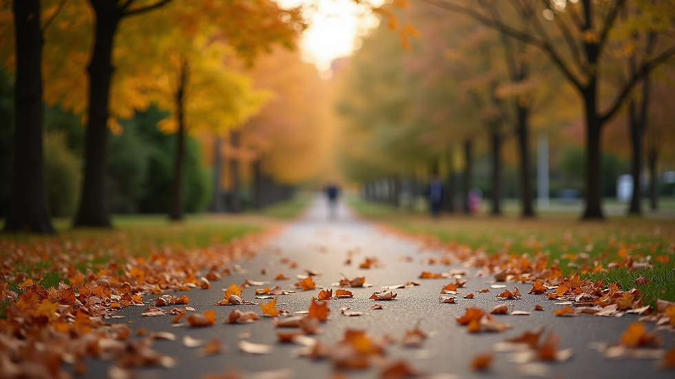 Eye-level view of a quiet park path lined with autumn leaves