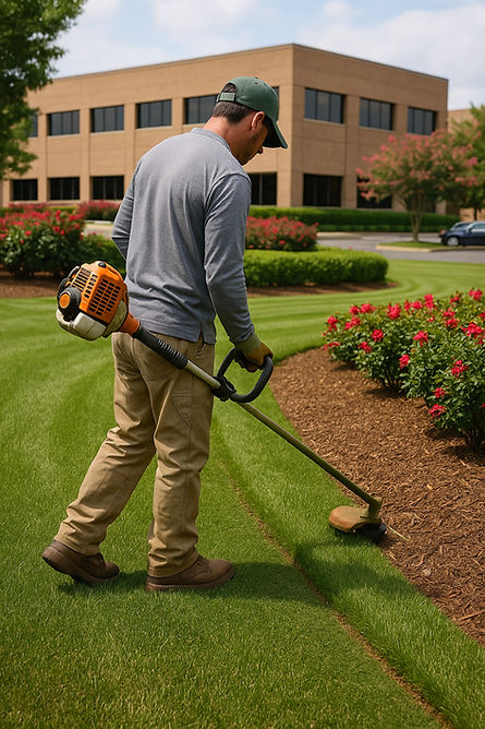 commercial lawn maintenance guy string trimming