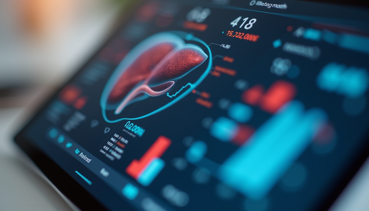 Eye-level view of a digital tablet displaying liver health data in a virtual consultation setting