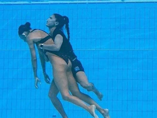 Mergulhadora desmaia durante apresentação e é salva por colega.