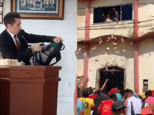 Vereador joga dinheiro pela janela de Câmara de Vereadores.