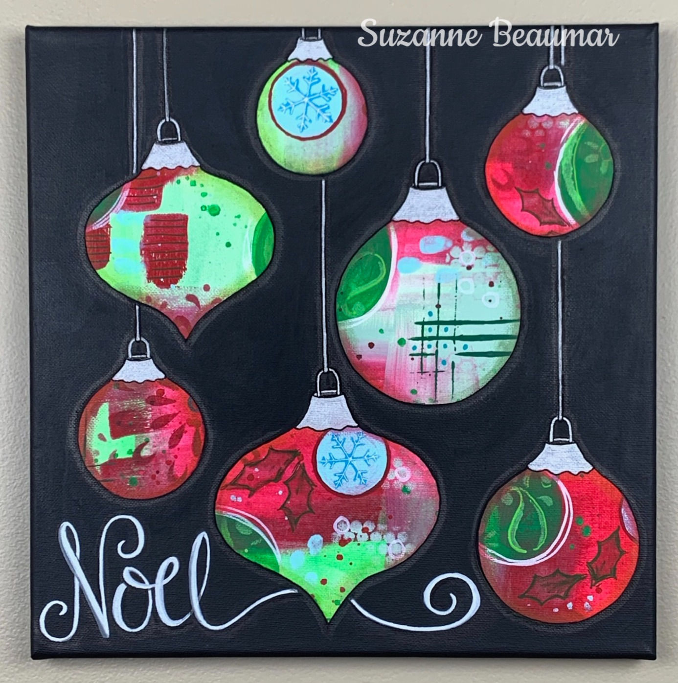 "Red & Green Noel" Original 12"x12" Mixed Media on Canvas