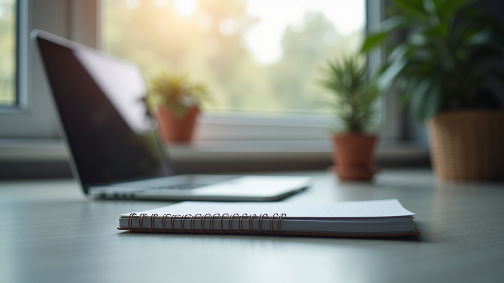 Eye-level view of a modern workspace with a laptop and notepad