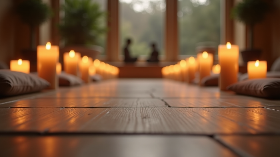 Eye-level view of a peaceful meditation space with candles and cushions