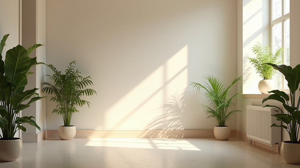 Eye-level view of a calm wellness center room with plants and soft lighting