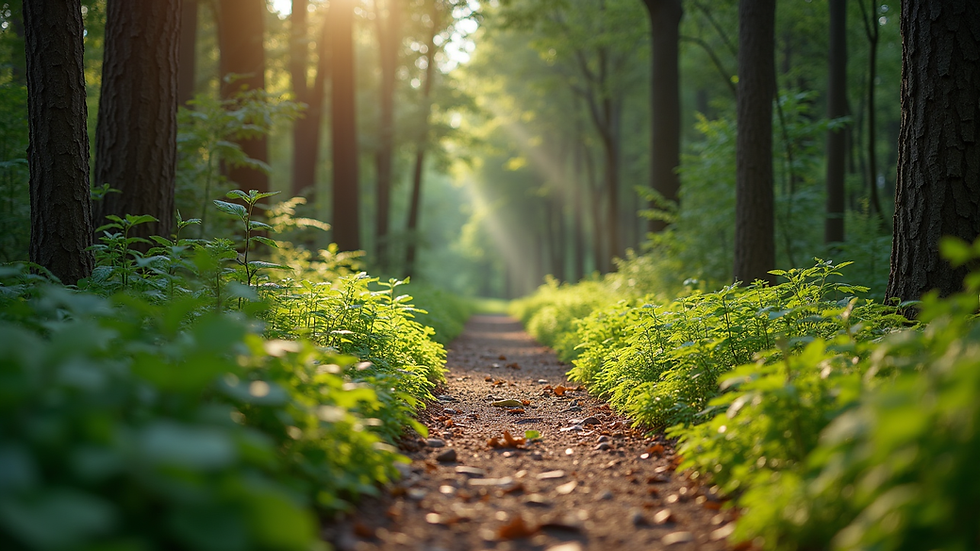 Eye-level view of a peaceful forest trail for walking