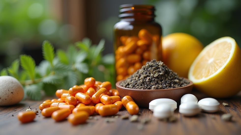 Close-up view of natural supplements and herbs on a wooden table