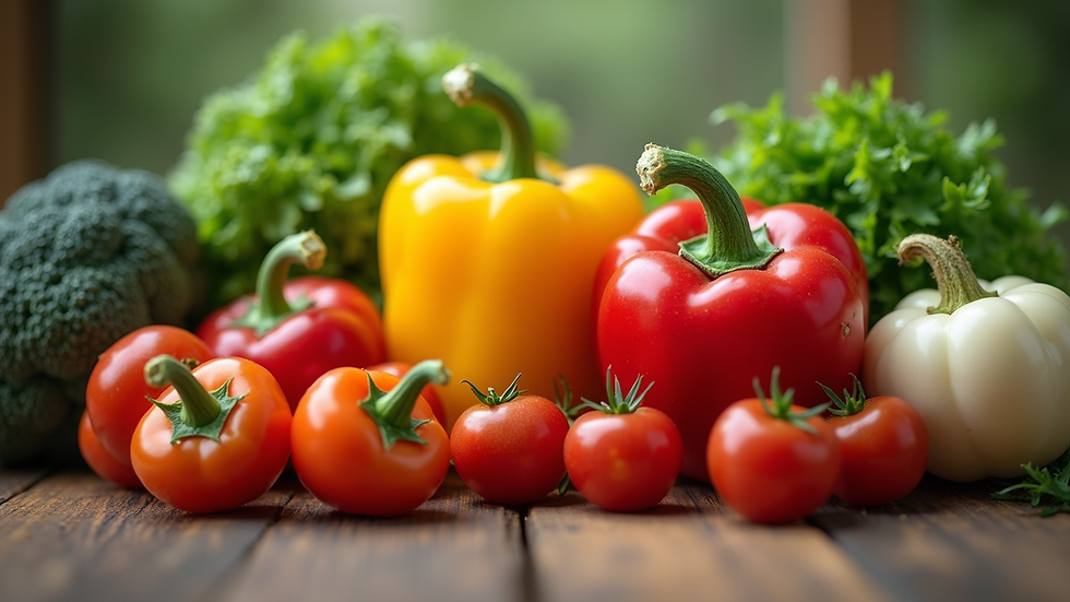 Close-up view of colorful fresh vegetables on a wooden table