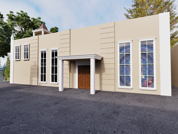 Projeto da Igreja São Sebastião em Colombo, mostrando a lateral externa da igreja, com janelas em vitrais e pintura bege.