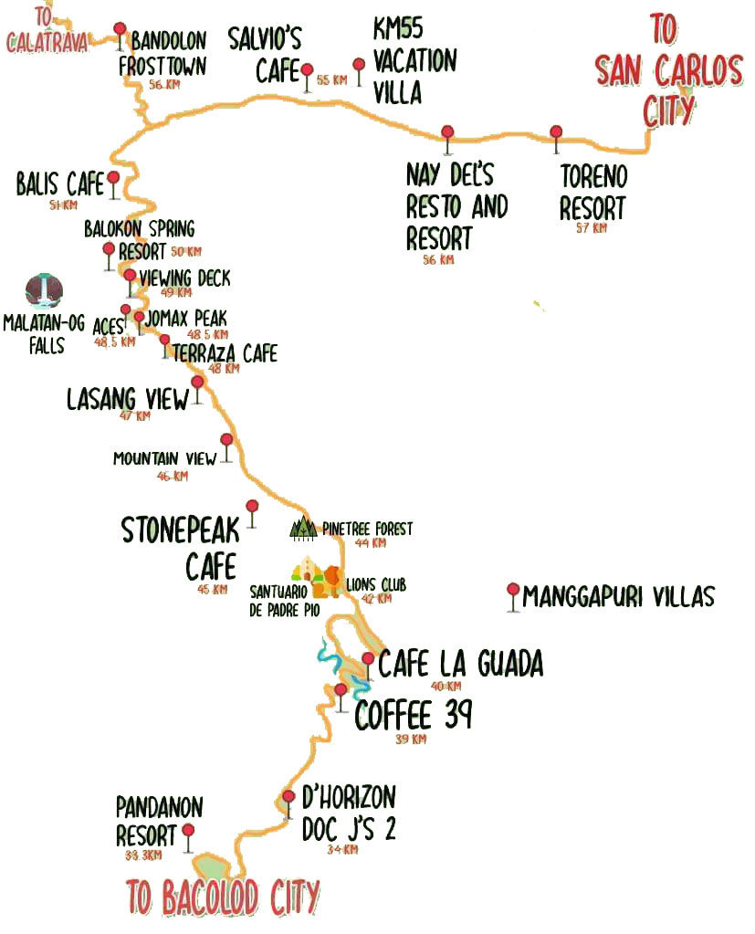 Carte itinéraires au Mt Canlaon sur l'île de Negros aux Philippines