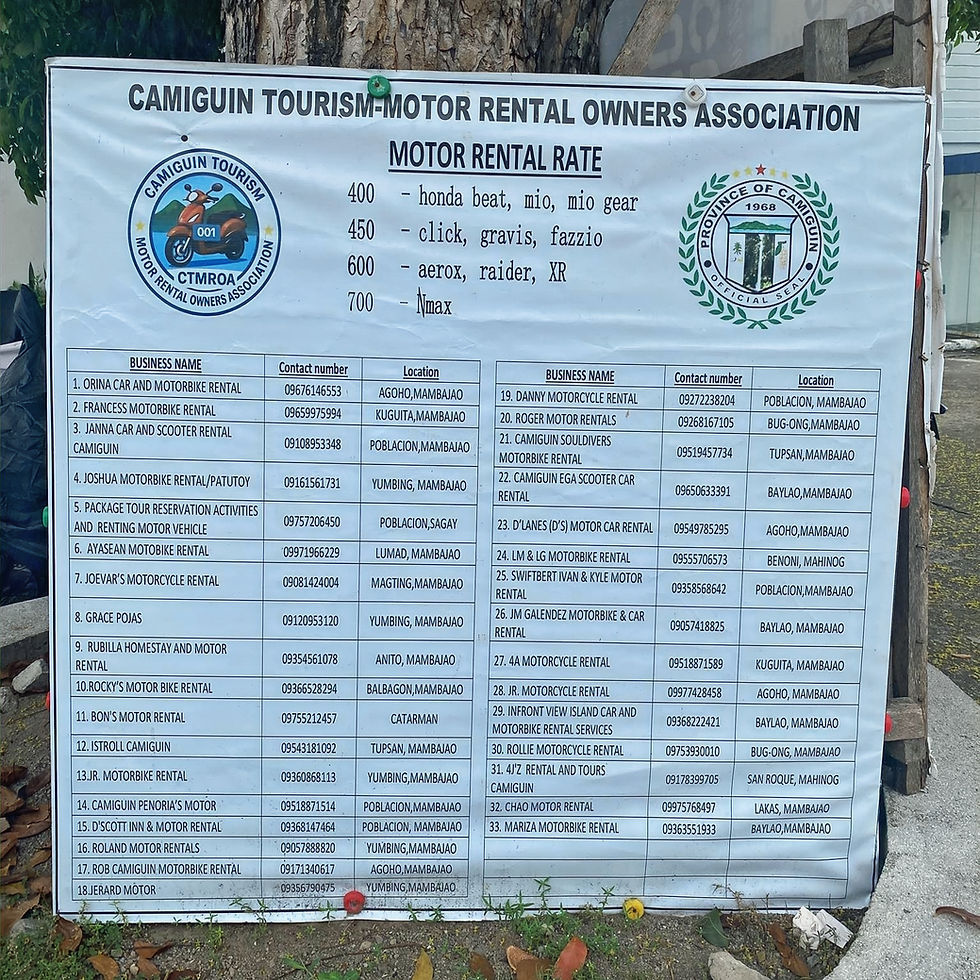 Le tableau officiel des tarifs fixé par la Tourism-Motor Rental Association de Camiguin. (Mise à jour : Mai 2026)