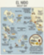 Carte artistique de El Nido et de l'archipel de Bacuit à Palawan, fusionnant données géographiques et design esthétique.