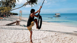 Un homme local se balance sur un cocotier à Paliton Beach, sur l'île de Siquijor aux Visayas, avec des eaux turquoise et une plage idyllique en arrière-plan
