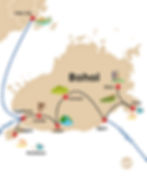 Carte itinéraire road-trip 4 jours à Bohol : tracé du parcours de Panglao vers Corella, Loboc, Jagna, Anda et les collines d'Alicia.