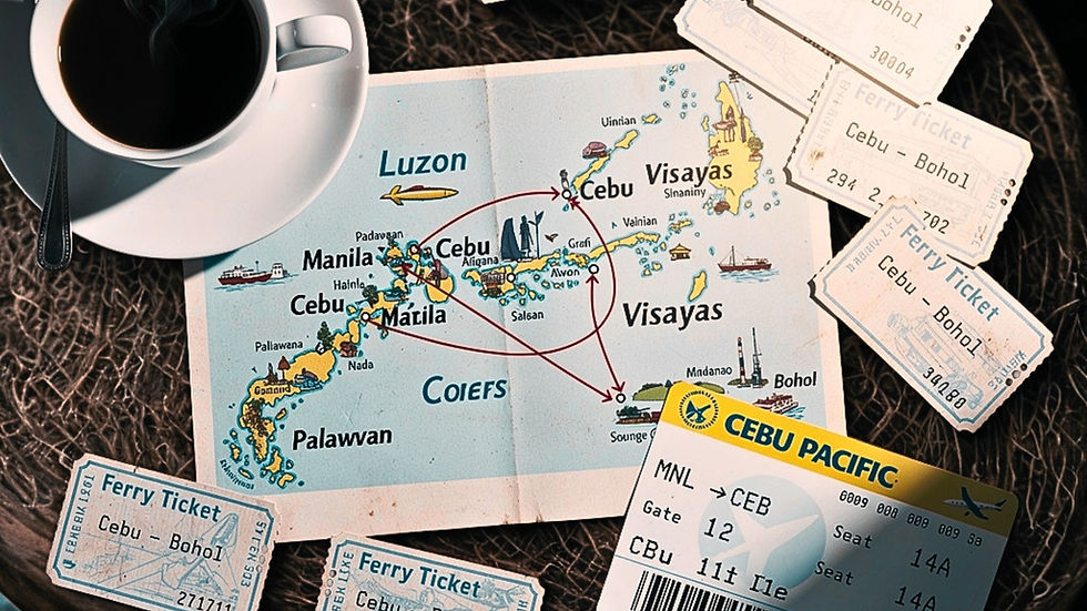 Organiser vos itinéraires Philippines, cartes, billets d'avion Cebu Pacific et ferries sur une table