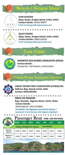 Infographie 5 Travel Facts Islas Gigantes : carte de Carles, infos port de Bancal, prix du bateau public 200 pesos, options d'hôtels à Iloilo et Carles, et conseils camping à Sicogon Island