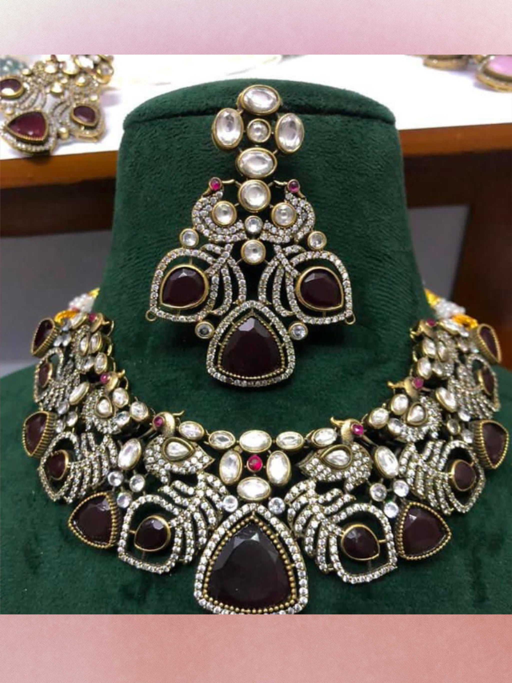 Gold Plated Polki Kundan Stones Choker Set in Red