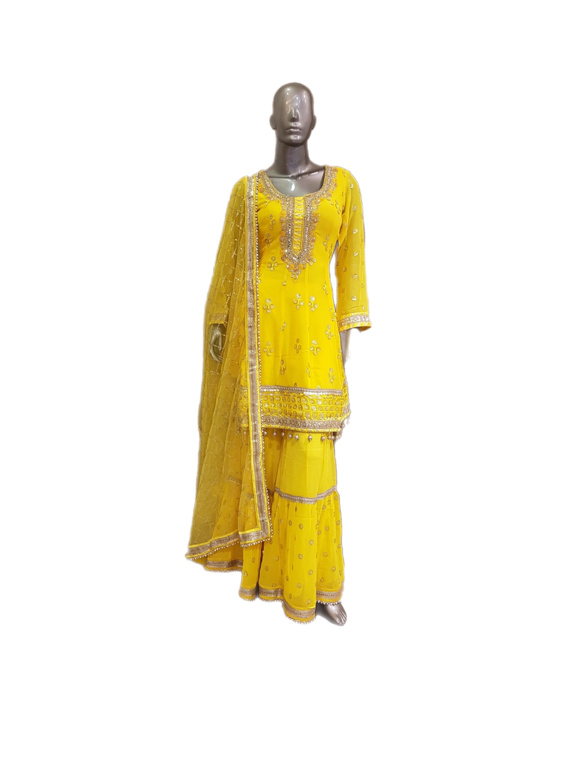Designer Embroidered Georgette Yellow Gharara suit Set