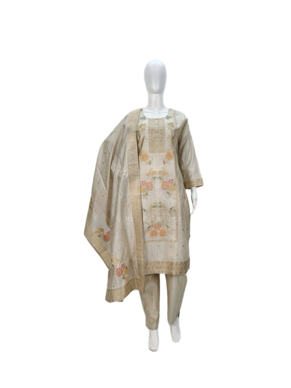 Beautiful Cream Woven Silk Pant Suit Set