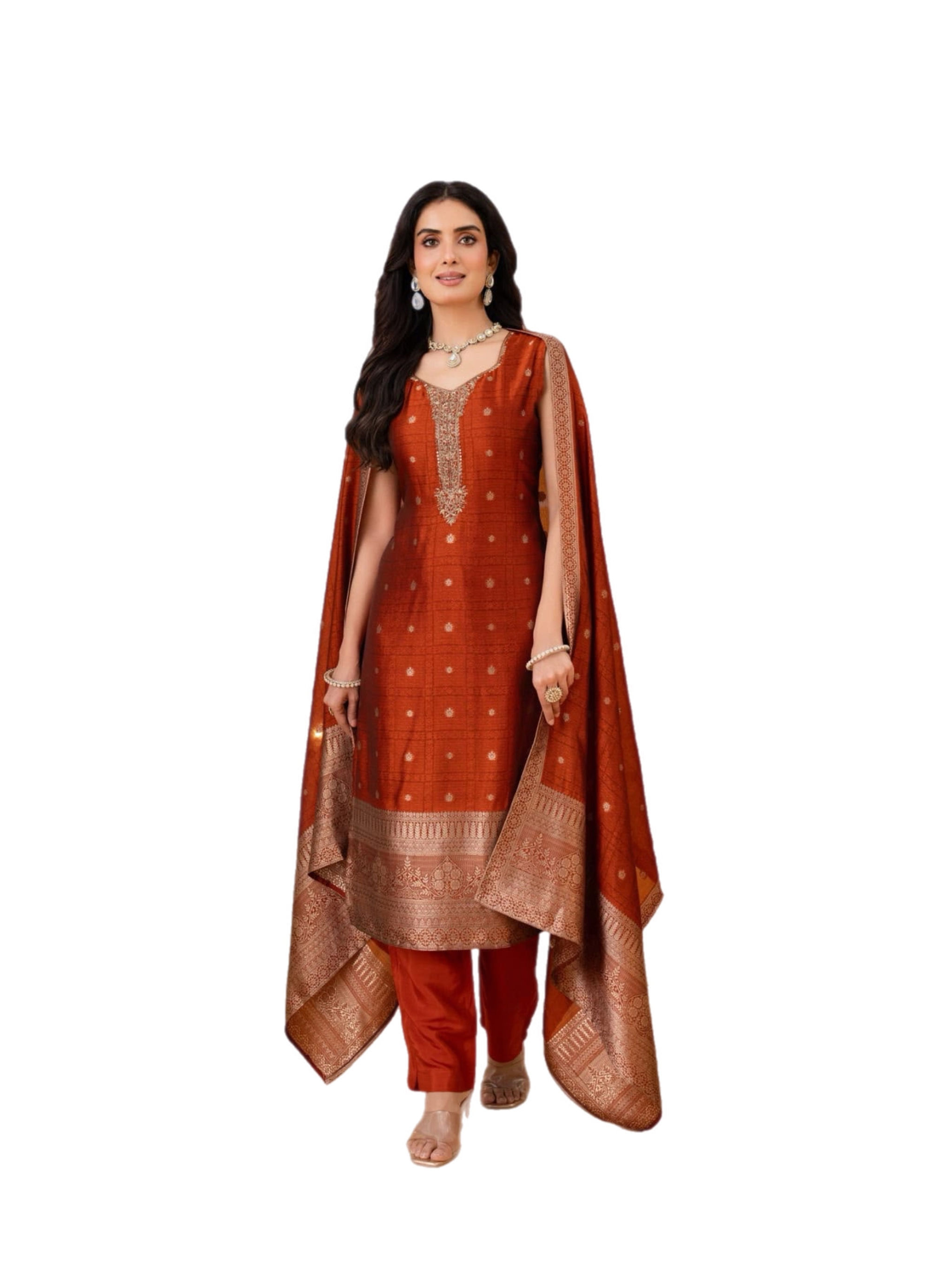 Stunning Burnt Orange Woven Silk Pant Suit